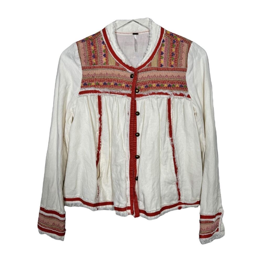 Free People Embroidered Linen Blend Jacket XS White Red Boho Festival Beach